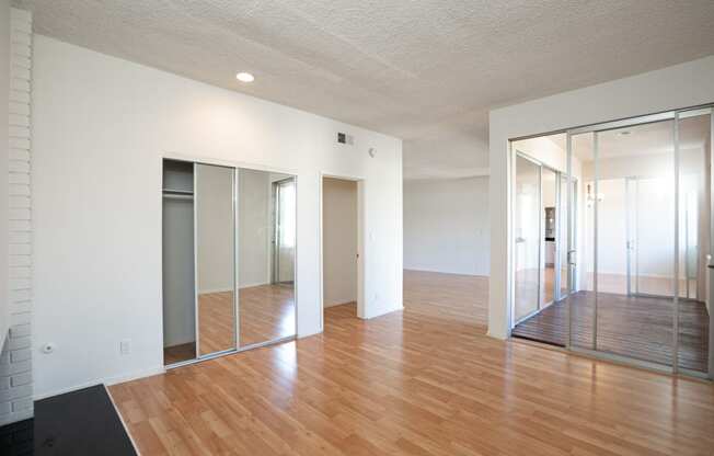 Bedroom with Mirrored Wardrobe Closet and Hardwood Floors