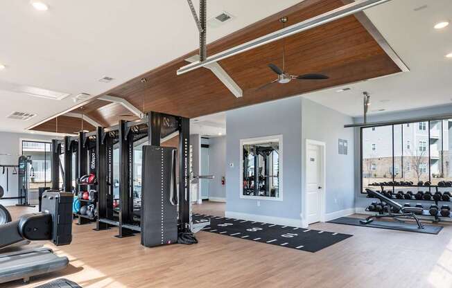 A gym with a variety of equipment including a squat rack, a bench press, and a treadmill.