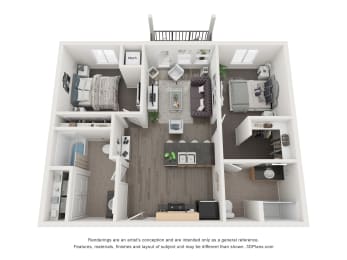 2 beds, 2 baths, 844 sqft, $1,195