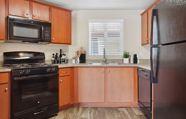 Model kitchen with black appliances at Reserve at Rancho Apartments