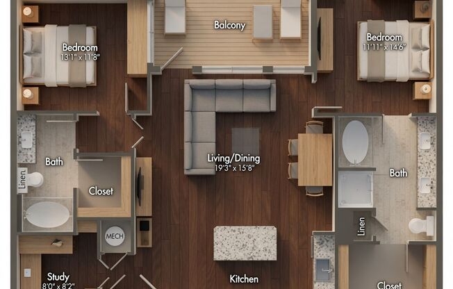 2 beds, 2 baths, 1,331 sqft, $3,207