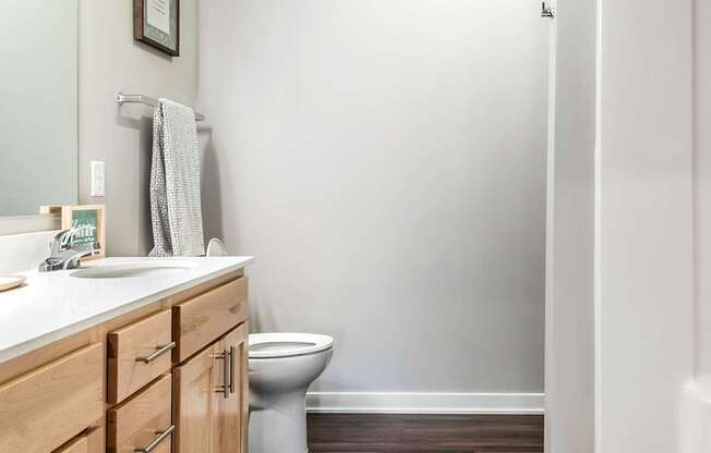A bathroom with a toilet, sink, and mirror.