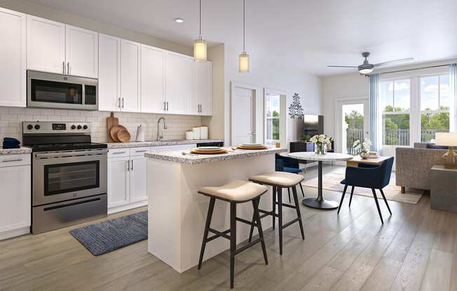 a kitchen and living room with an island and bar stools