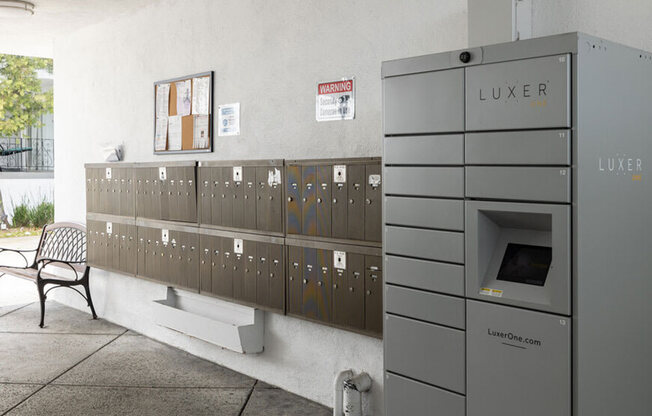 Mail area with Luxer package delivery lockers.