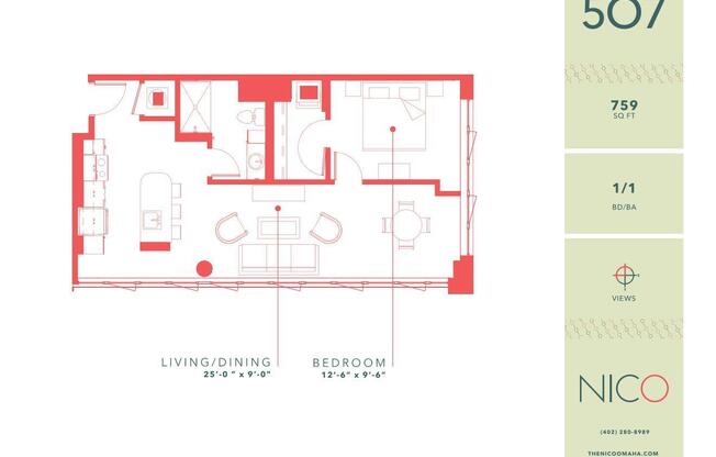1 bed, 1 bath, 759 sqft, $1,310, Unit 507