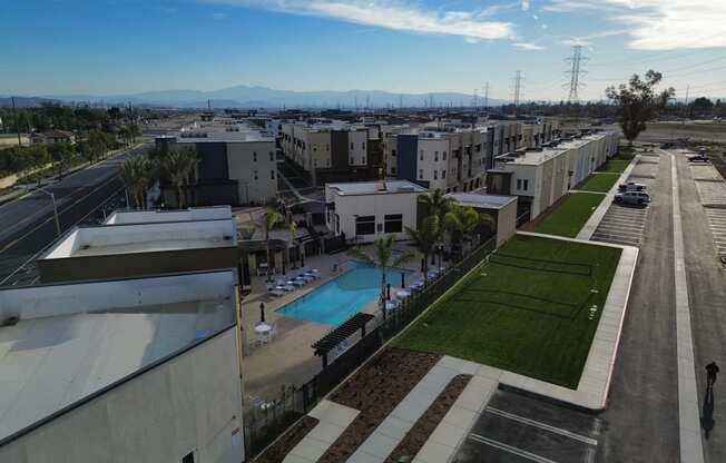 a view of the pool from the roof of a buildingat Westbury Apartments, Rancho Cucamonga, CA, 91739