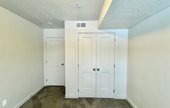an empty bedroom with white closets and carpeted floors