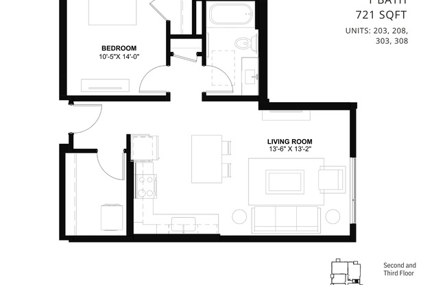 1 bed, 1 bath, 721 sqft, $1,995, Unit 208