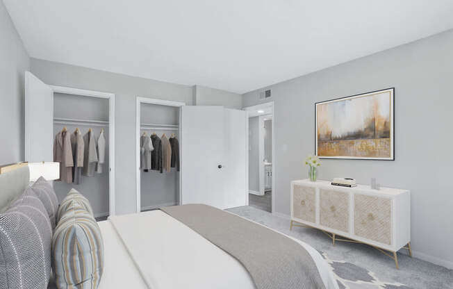 a bedroom with a bed and a closet