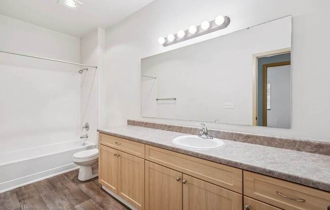A bathroom with a sink, toilet, and a mirror at The Madison Apartments in Olympia, WA