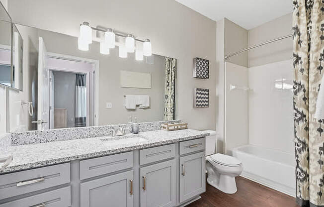 A bathroom with a marble countertop and a white toilet.