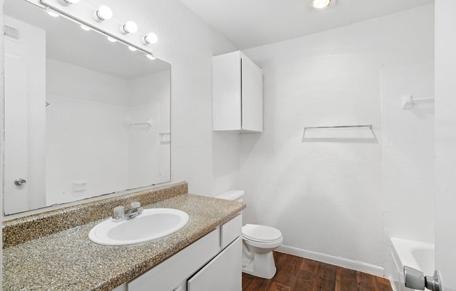 A bathroom with a sink, toilet, and a mirror.