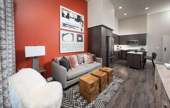 a living room and kitchen in a model home
