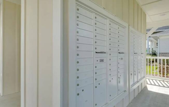 a row of lockers on a porch
