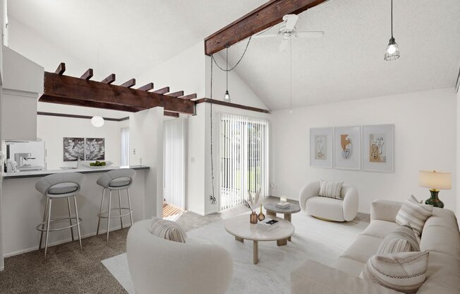 a living room with white walls and a ceiling with exposed beams