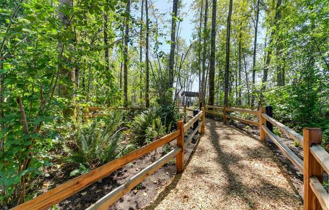 Walking Trail with Wood Chip Ground, Trees, and Wooden Fence