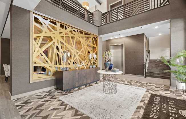 A large wooden structure is in the middle of a room with a table and chairs.