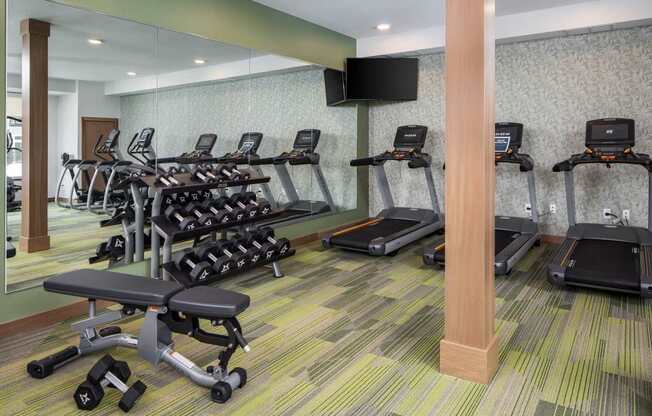 A gym with treadmills, exercise bikes, and weights.