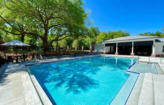 A resort-style swimming pool with a table, chairs, and umbrella near a large tree and covered outdoor lounge.