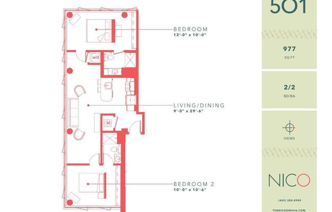 2 beds, 2 baths, 977 sqft, $1,675, Unit 501