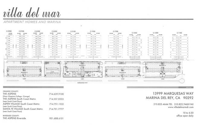 A page from a brochure for Villa del Mar, an apartment complex with multiple floor plans and contact information.