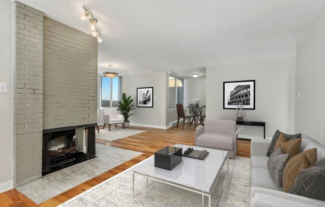 Penthouse living room with fireplace