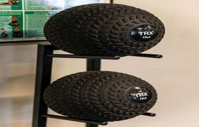 Two black TRX tires are displayed on a stand.