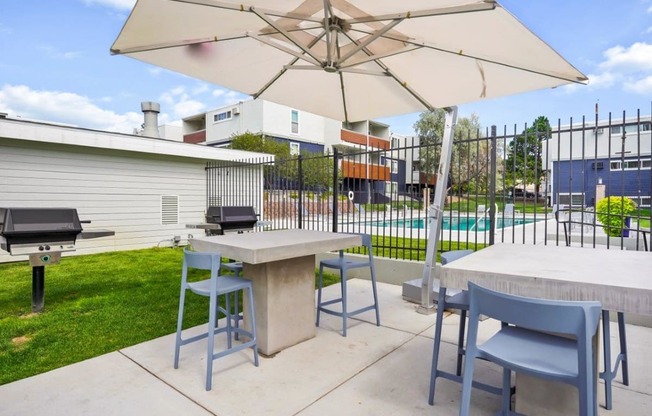 Hudson at Highline Apartments in Denver, Colorado Patio with BBQ's and Seating