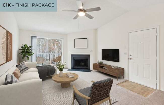 A living room with a fireplace and a television.