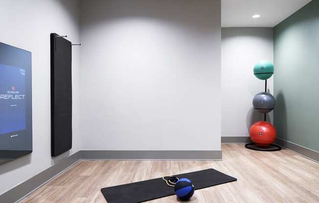 a room with yoga mats and a large screen on the wall and a colorful ball