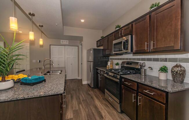 Modern kitchen featuring dark wooden cabinets, stainless steel appliances, and a granite countertop. The space includes a refrigerator, oven, and sink, with decorative plants and lighting fixtures. A spacious layout is shown, with an island for additional workspace and seating.