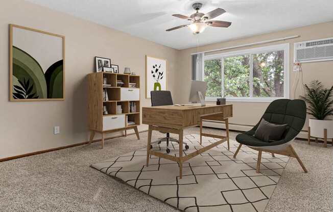 A room with a desk, chair, and a rug.