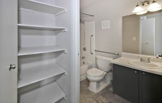 A white pantry is open to a bathroom with a toilet, sink, and mirror.