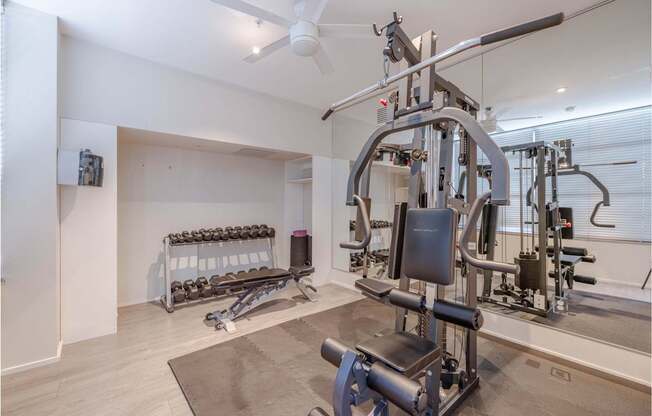 A home gym with a variety of equipment including a weight bench, dumbbells, and a cable machine.
