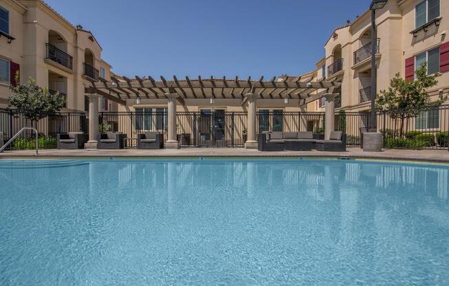 a building with a large pool of water