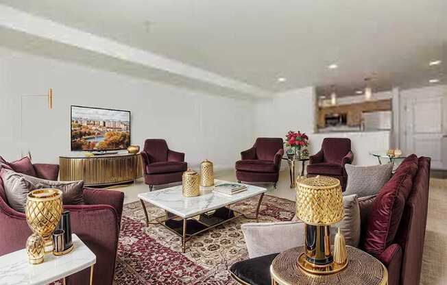 A living room with a large rug and a painting on the wall.