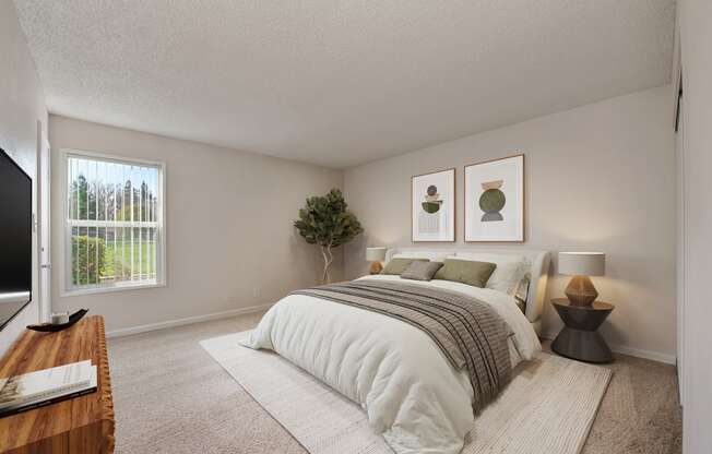 an open bedroom with a bed and a window at Vineyard Terrace Apartments, Napa, CA, 94558