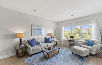 A living room with a grey couch, a blue rug, and a painting on the wall.