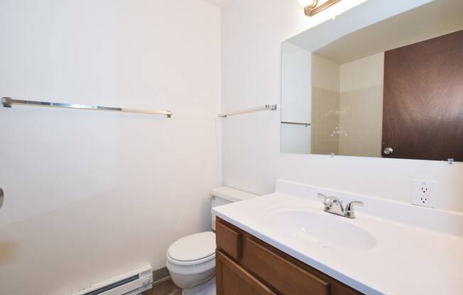 a bathroom with a toilet sink and mirror