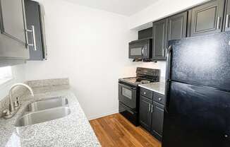 A kitchen with a black refrigerator, sink, and cabinets.