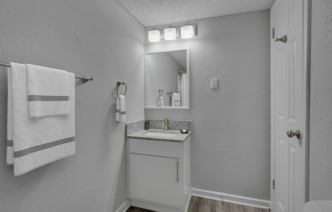 Elevate your lifestyle at Icon Downtown Durham with this modern bathroom featuring sleek fixtures and ample storage. Enjoy the perfect blend of style and convenience in a prime location. Schedule your tour today!
