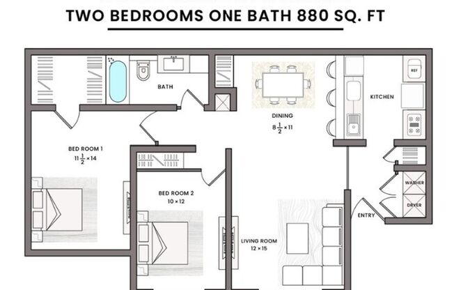 2 beds, 1 bath, 880 sqft, $1,250, Unit 254