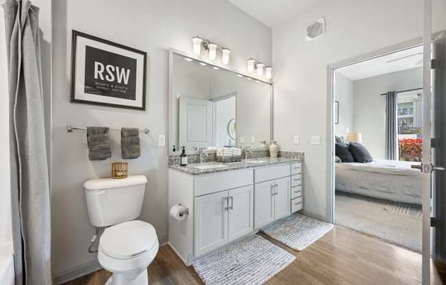 a bathroom with a mirror and a toilet and a sink