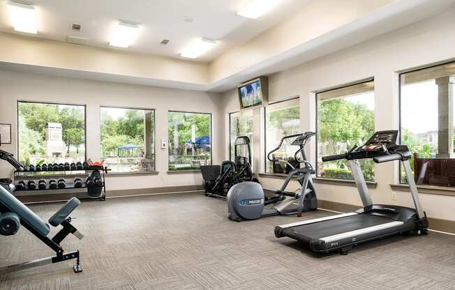 A gym with treadmills, weights, and exercise equipment.