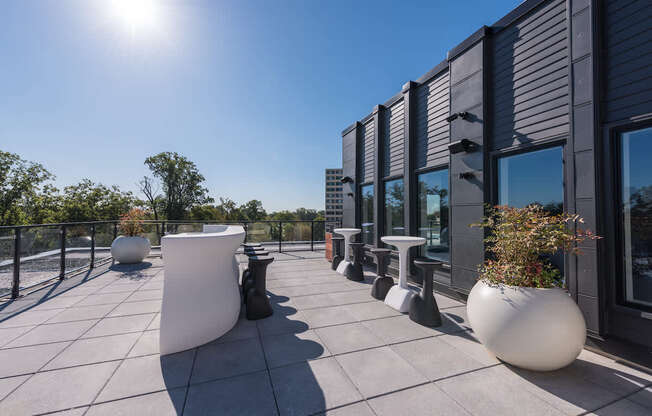 A sunny day on a rooftop patio with white planters and black railings.