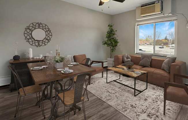 an open living room and dining room with a large window