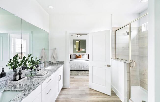 A bright, spa-inspired primary bath at Amavi Celina pairs sleek finishes with calming tones for a truly refined retreat near downtown Celina.