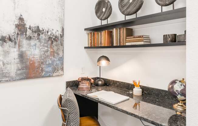 a desk with a chair and a lamp in a room with a painting on the wall