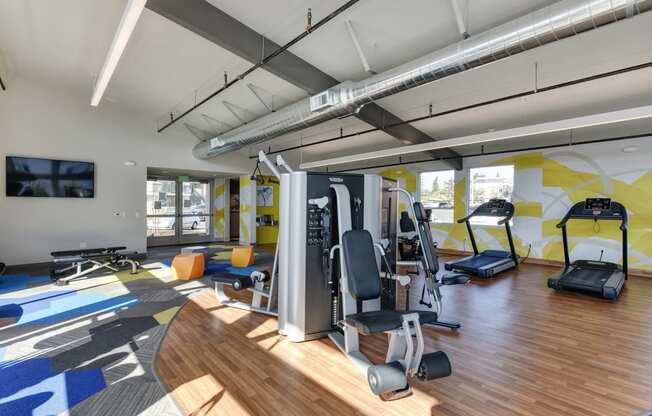 Gym with Hardwood Floor, Treadmills, Excercise Bike, Weight Machines, Full Windows with View of Exterior