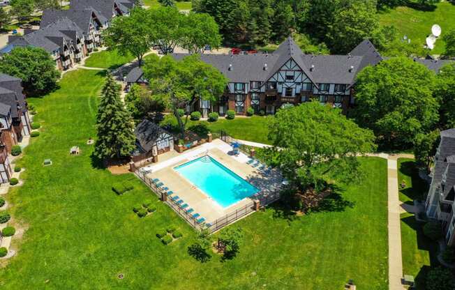 Aerial Swimming Pool View at Swiss Valley Apartments, Wyoming, Michigan